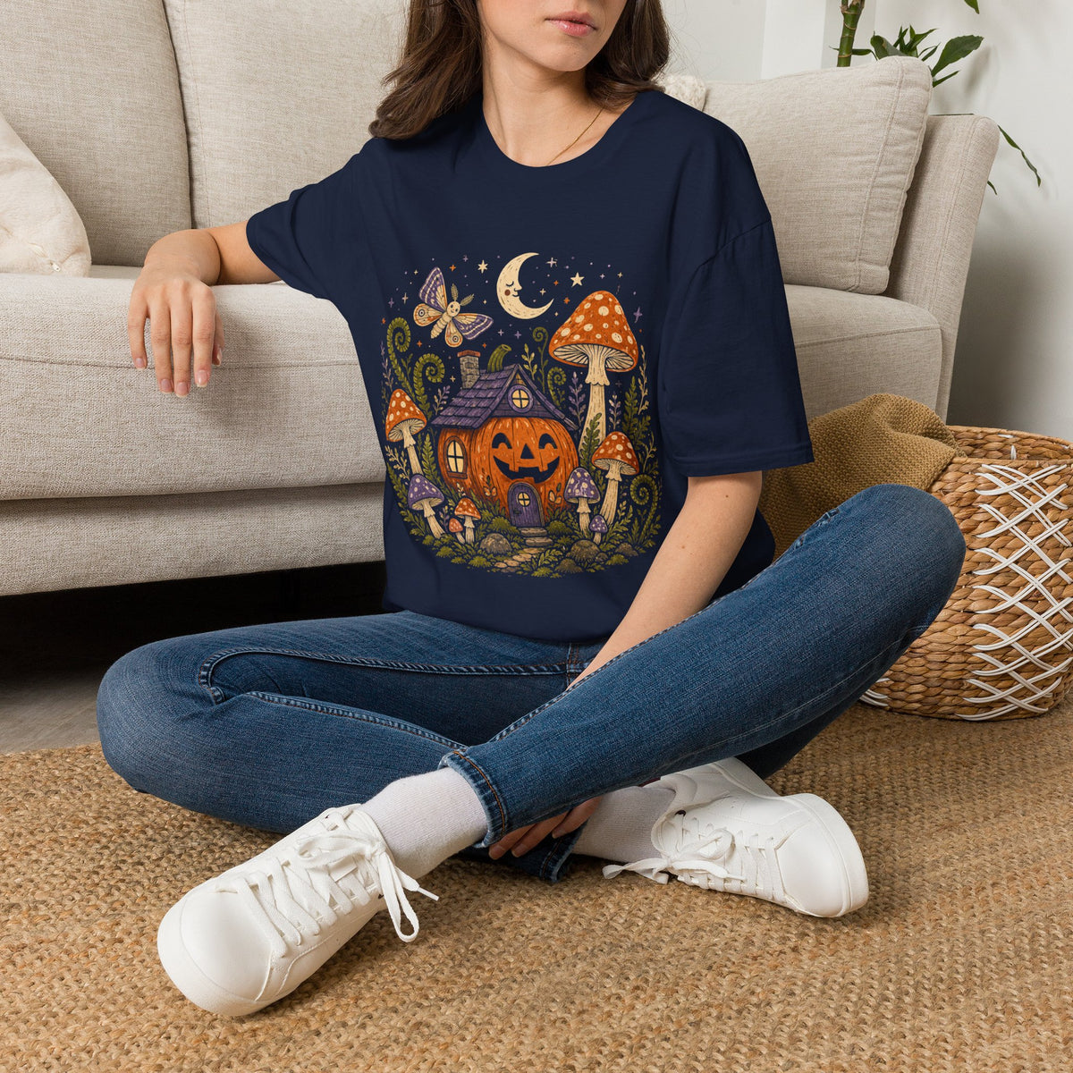 Whimsical Mushroom Cottage Halloween T-Shirt | Moonlit Moth Illustration