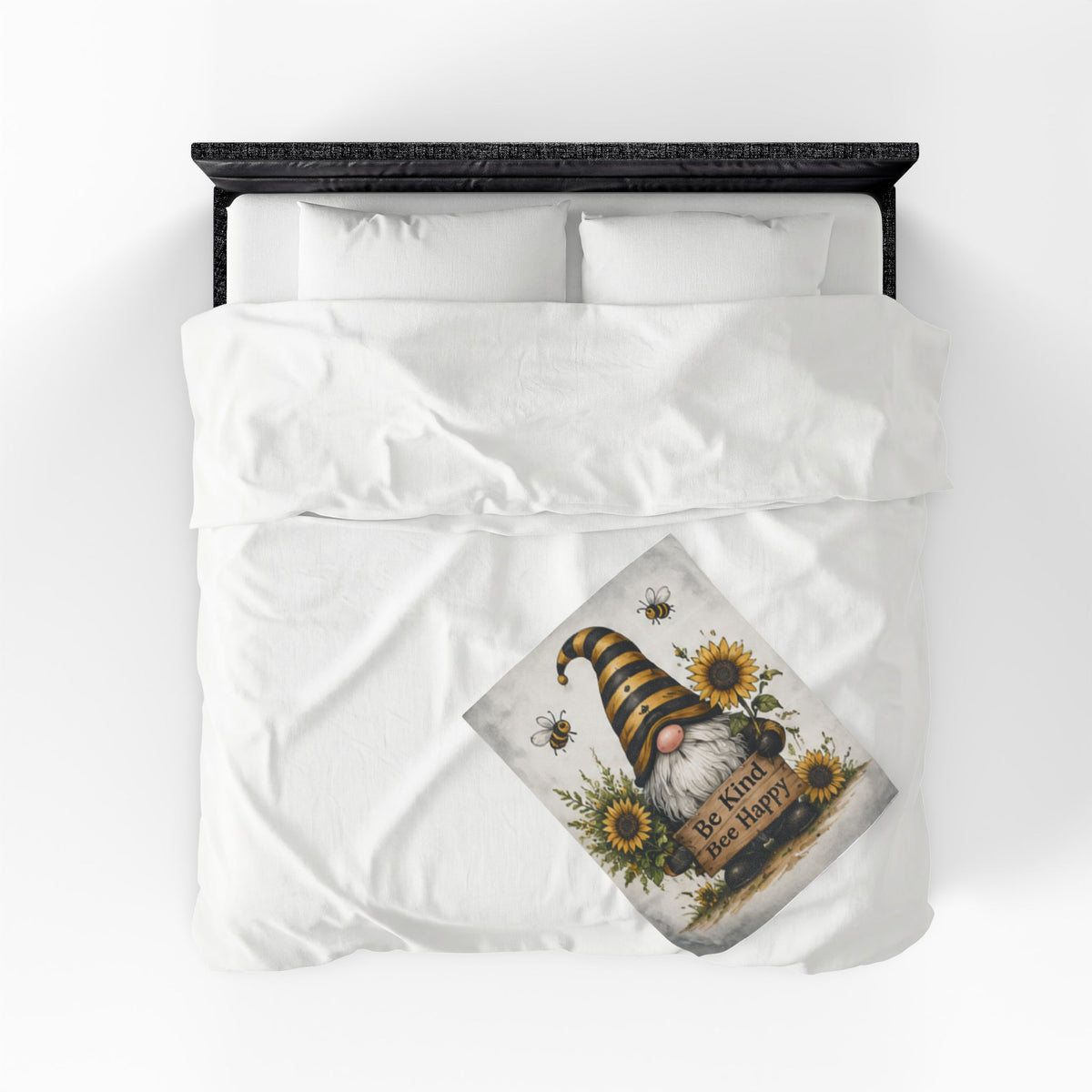 Be Kind Bee Happy Gnome Velveteen Blanket | Sunflower Bee Plush Throw