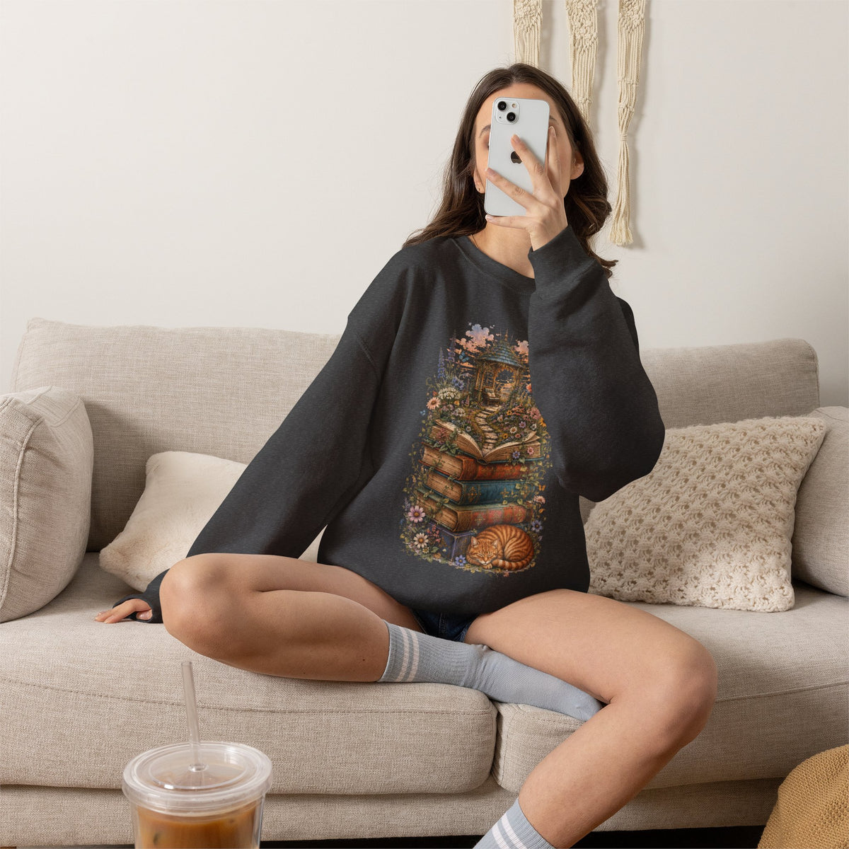 Book Lover Garden Sweatshirt – Cozy Cat, Books and Wildflowers Crewneck