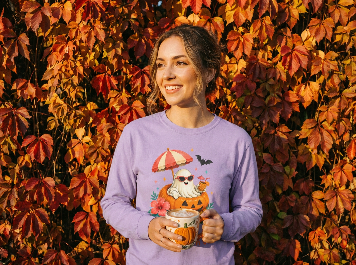 Boo-zy Beach Vibes Ghost Long Sleeve T-Shirt | Halloween Pumpkin Beach