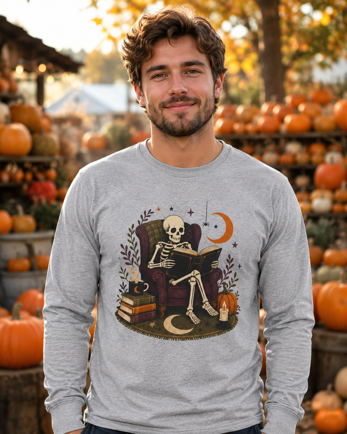 Reading Skeleton Long Sleeve | Cozy Spooky Bookish Tee