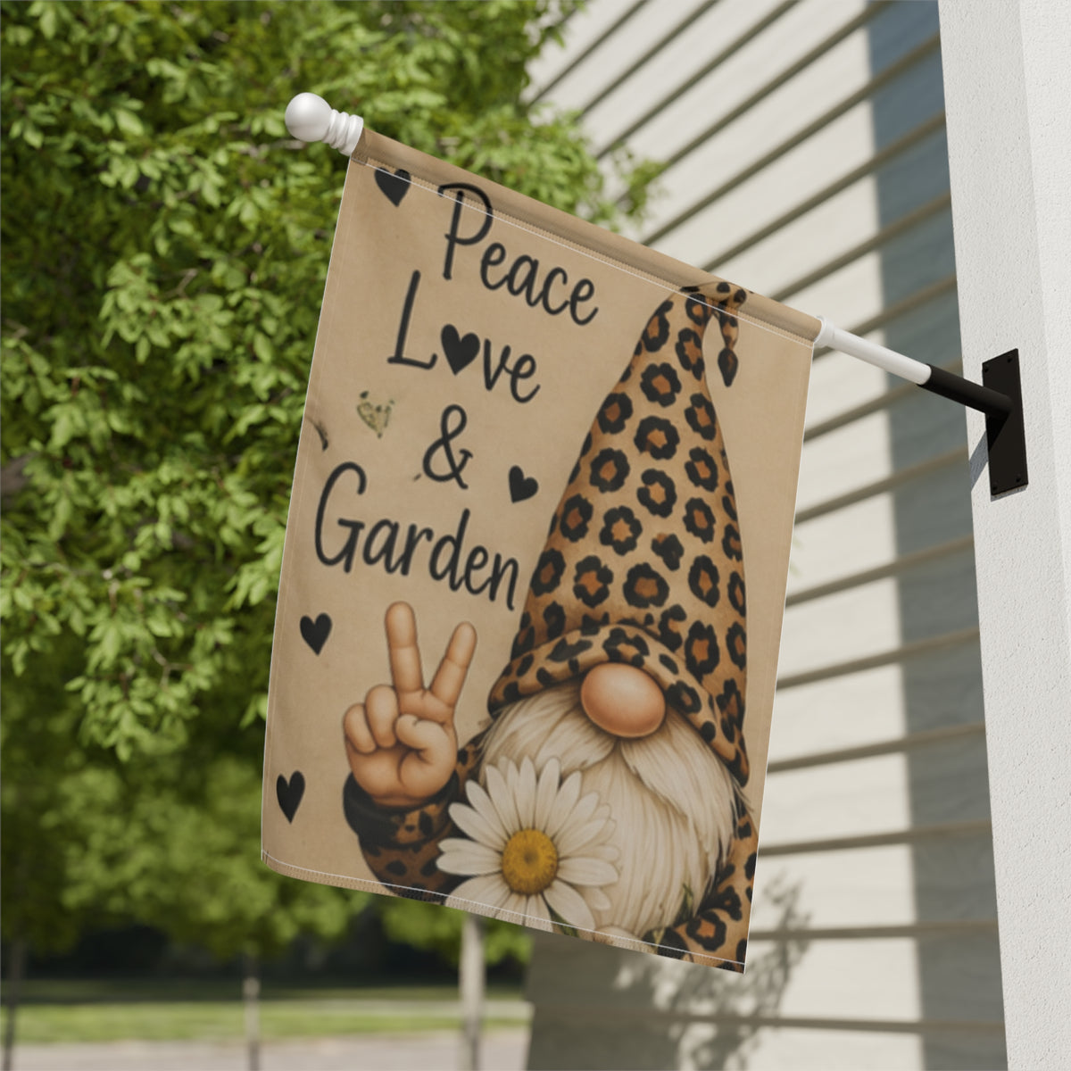 Peace, Love & Garden Gnome Garden Flag — Leopard Print Gnome Decorative Yard Banner