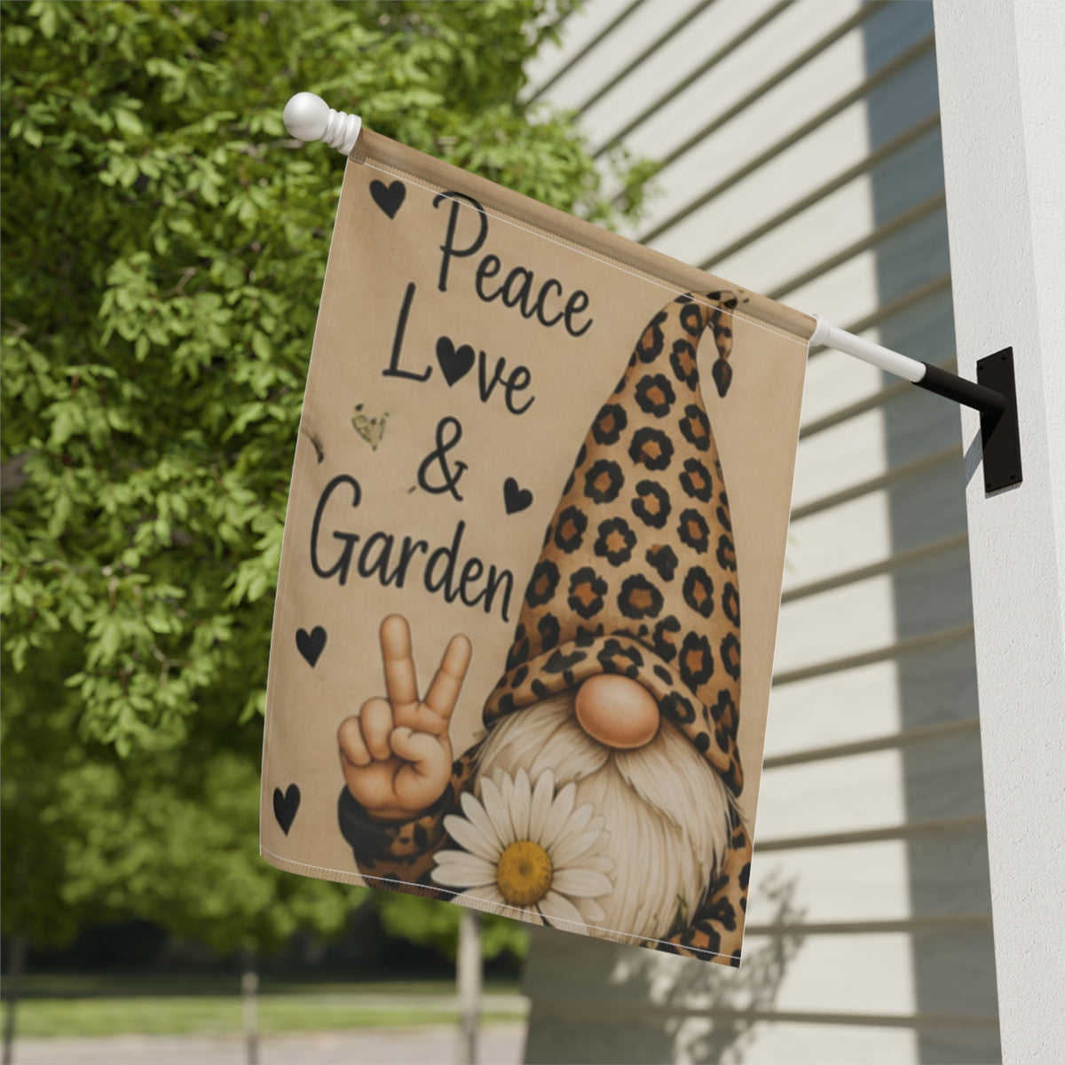 Peace, Love & Garden Gnome Garden Flag — Leopard Print Gnome Decorative Yard Banner