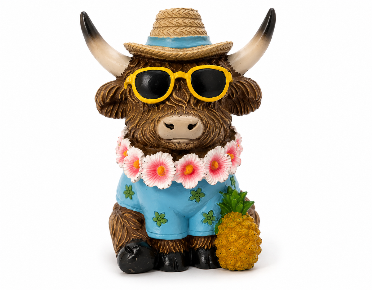 Aloha Angus™ Sunny Shores Highland Cow Garden Statue – Tropical Hawaiian Highland Cow Figurine with Pineapple & Sunglasses