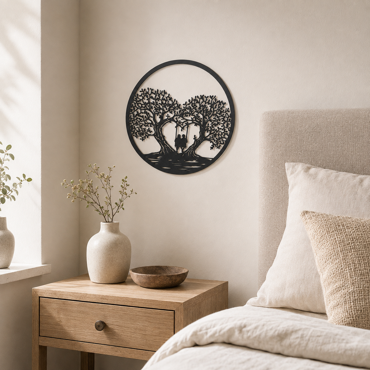 Romantic Couple on Swing Metal Wall Art – 15-Inch Tree of Love Décor