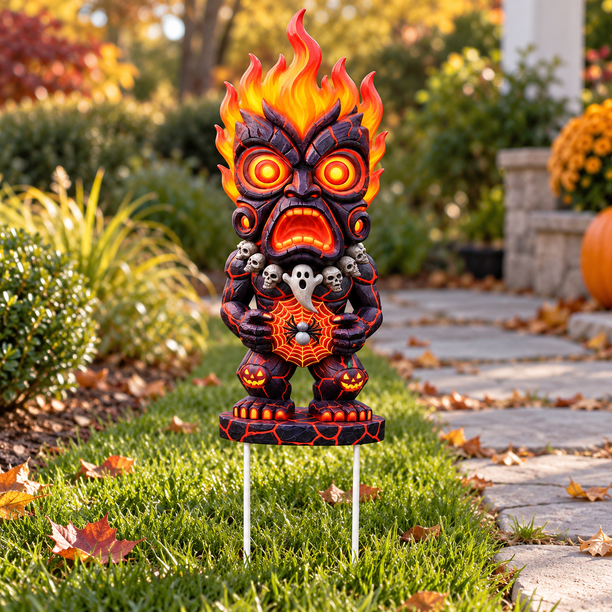 Flaming Halloween Tiki Garden Stake – Spooky Skull & Pumpkin Yard Decor