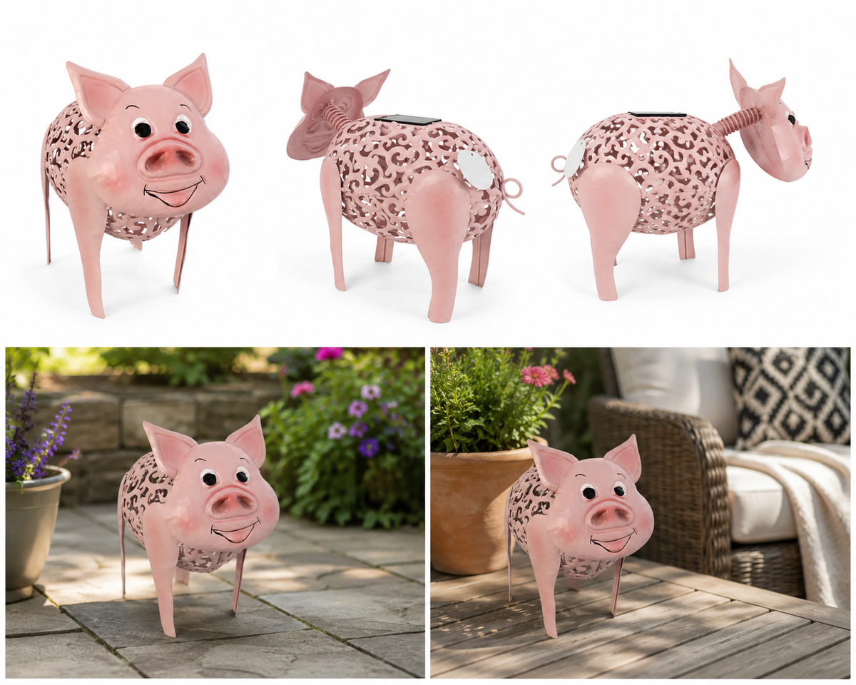 Rosie the Solar Pig™ – Whimsical Pink Metal Solar Garden Lantern