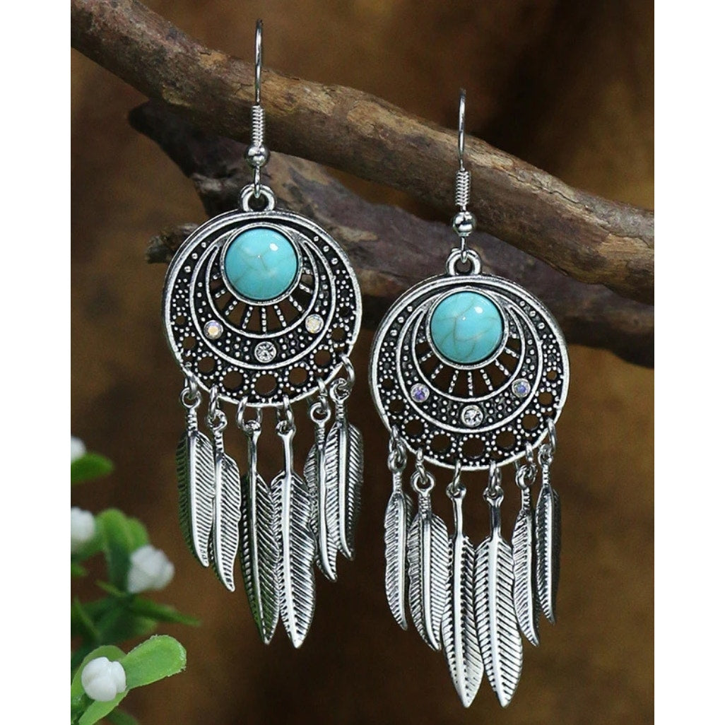 Bohemian Silver with blue Stone Drop Feather Earrings