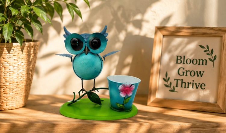 Whimsical Metal Owl Planter with Flower Pot | Cute Garden Owl Decor | Indoor Outdoor Plant Holder