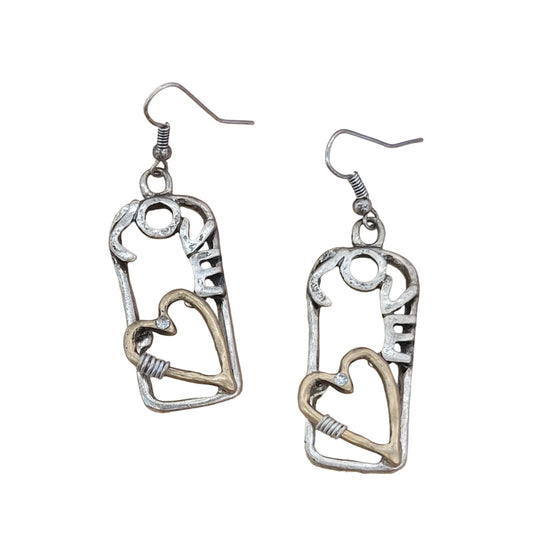 Two Tone Metal Love earrings with heart