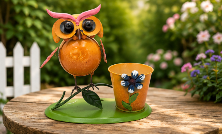 Whimsical Metal Owl Planter with Flower Pot | Cute Garden Owl Decor | Indoor Outdoor Plant Holder