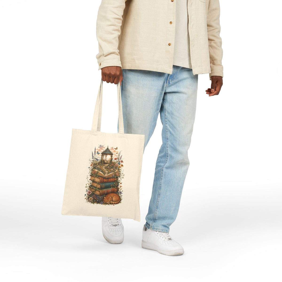 Whimsical Book Stack with Lantern Tote Bag | Autumn Floral Reader Tote