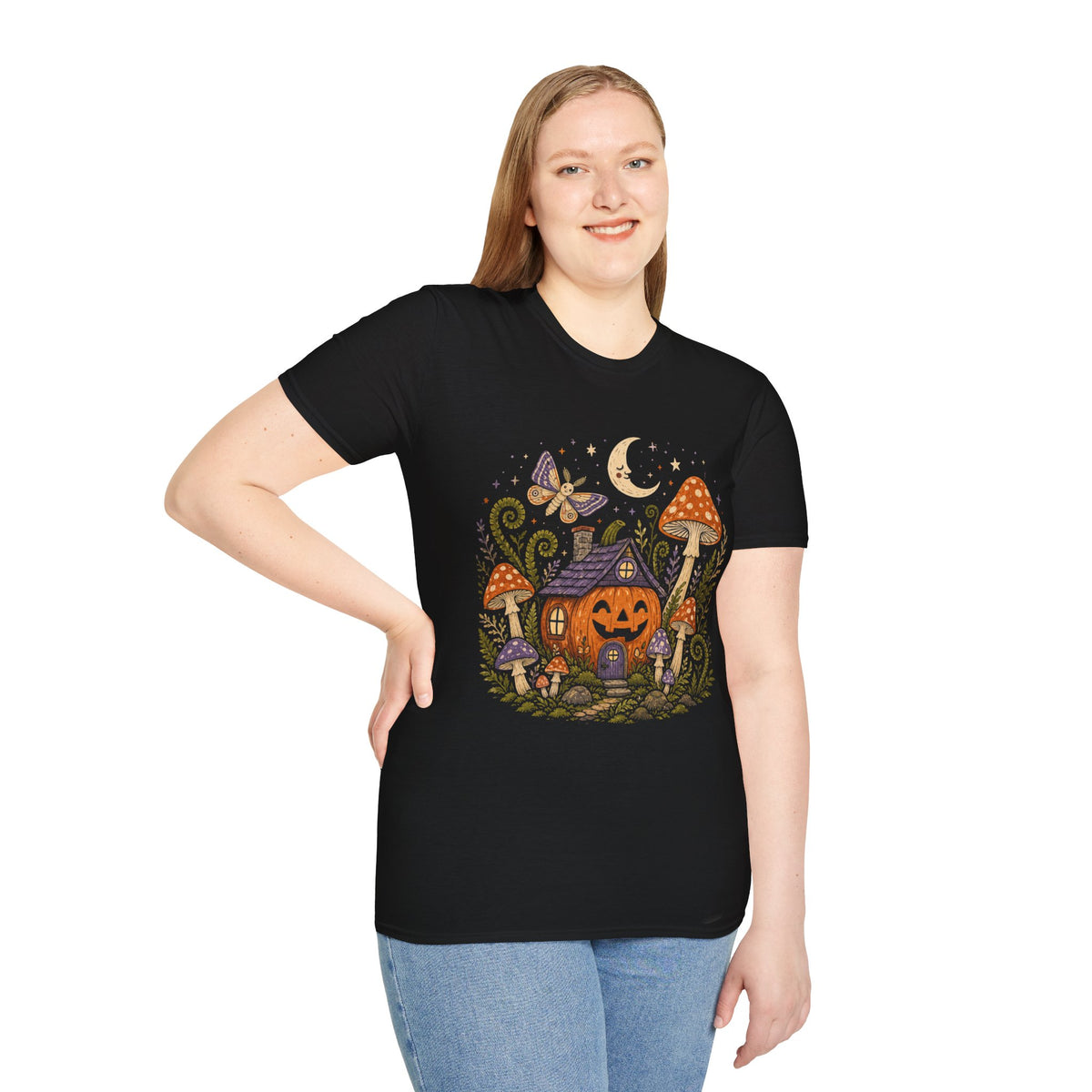 Whimsical Mushroom Cottage Halloween T-Shirt | Moonlit Moth Illustration