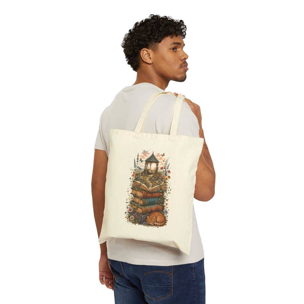 Whimsical Book Stack with Lantern Tote Bag | Autumn Floral Reader Tote