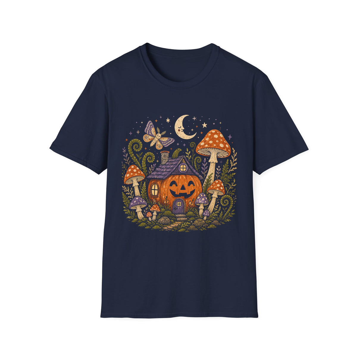 Whimsical Mushroom Cottage Halloween T-Shirt | Moonlit Moth Illustration