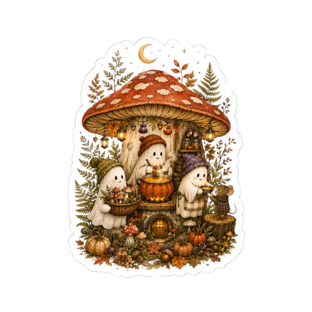 Autumn Mushroom House Sticker | Halloween Ghosts Pumpkin Fall Kiss-Cut Sticker
