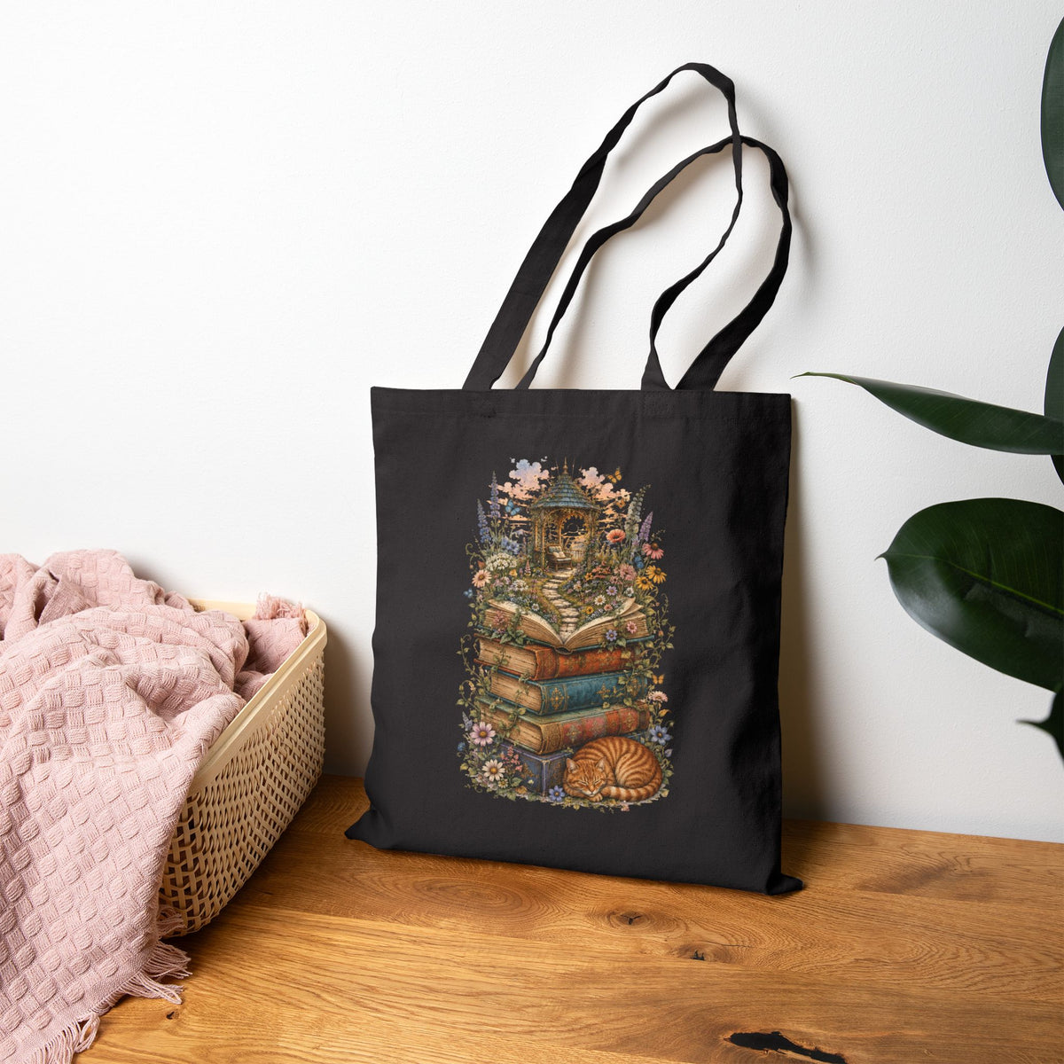 Whimsical Book Stack with Lantern Tote Bag | Autumn Floral Reader Tote