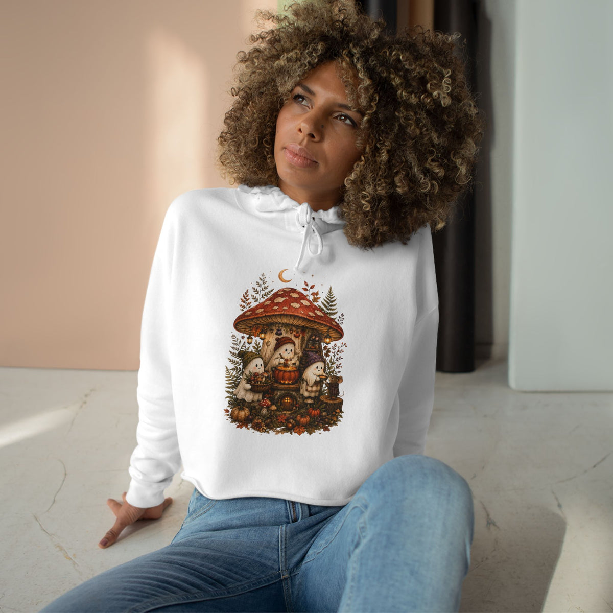 Mushroom Forest Cottage Crop Hoodie | Cute Woodland Gnome Illustration