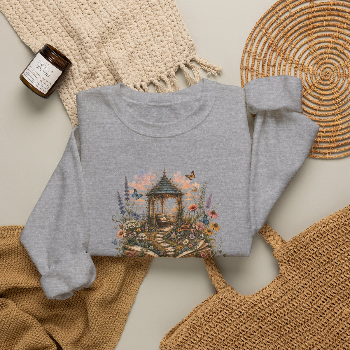 Book Lover Garden Sweatshirt – Cozy Cat, Books and Wildflowers Crewneck
