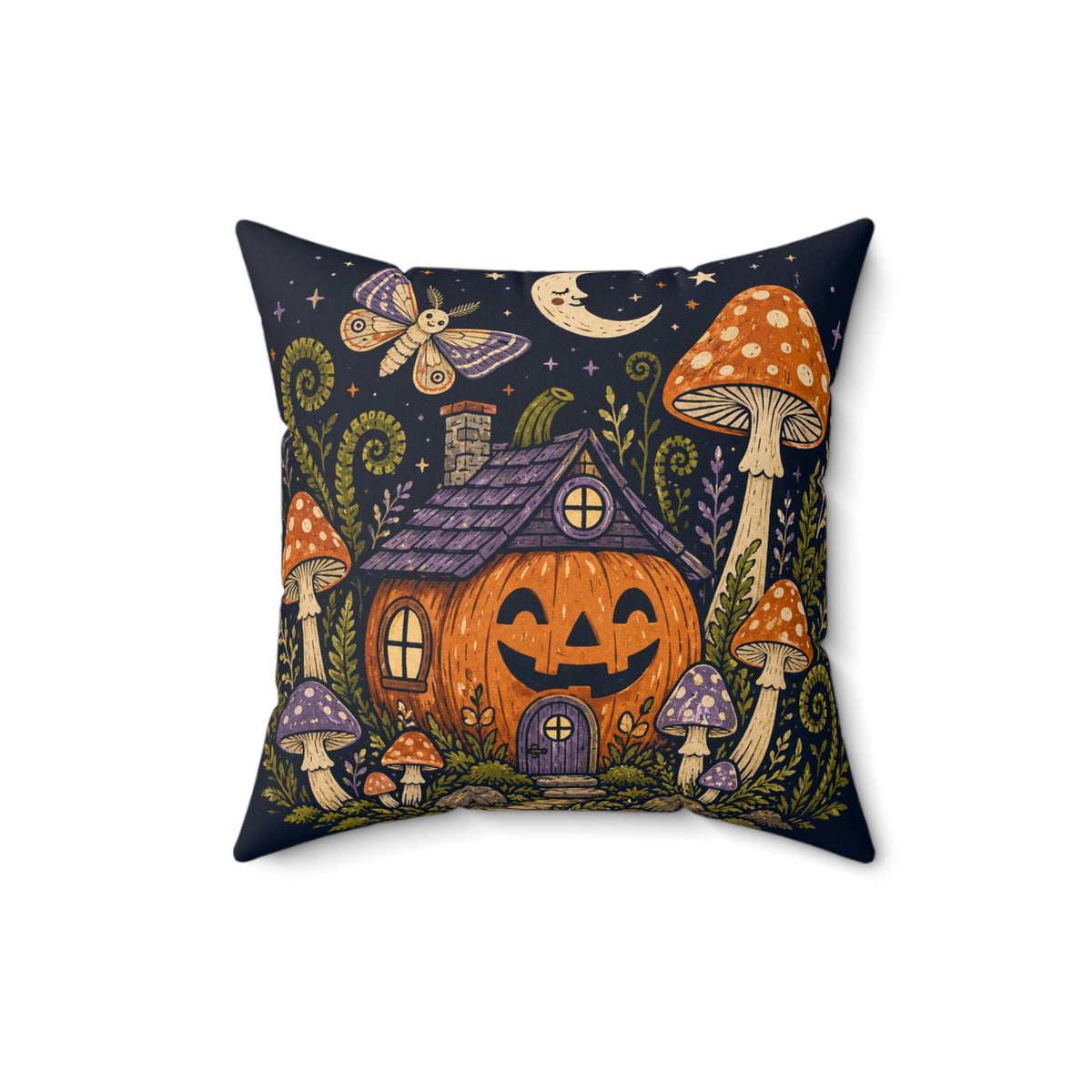 Pumpkin House Pillow | Halloween Mushroom Cottage Throw Pillow