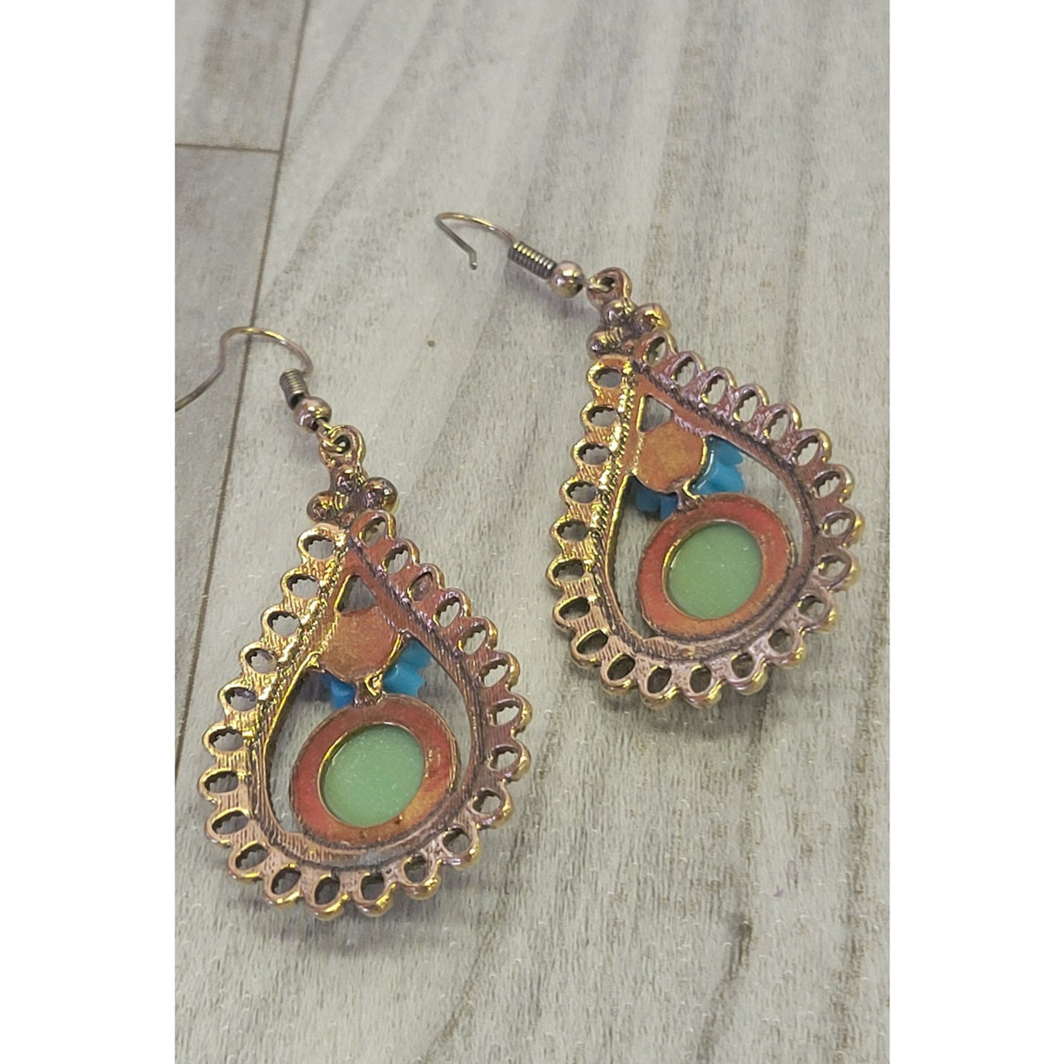 Romantic drop earrings with blue flower and green stone 2"