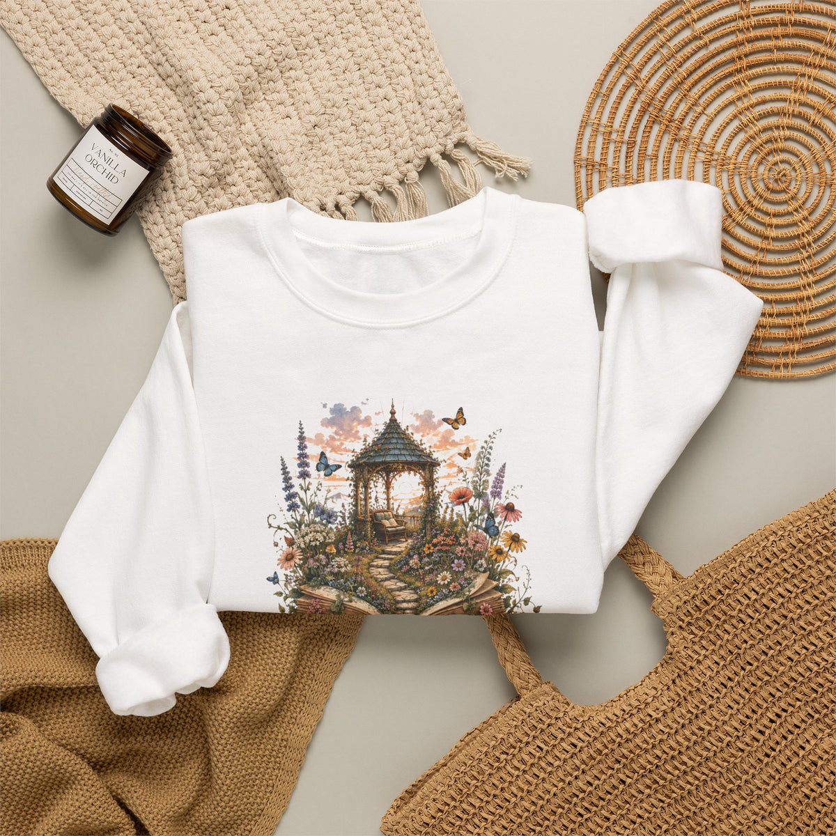 Book Lover Garden Sweatshirt – Cozy Cat, Books and Wildflowers Crewneck