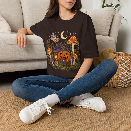 Whimsical Mushroom Cottage Halloween T-Shirt | Moonlit Moth Illustration