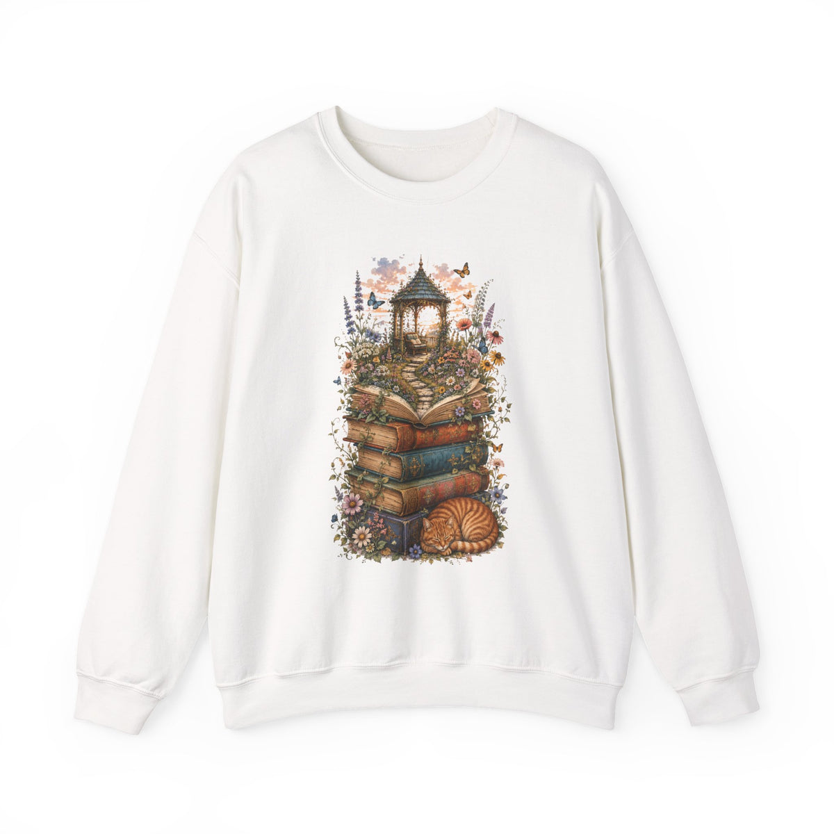 Book Lover Garden Sweatshirt – Cozy Cat, Books and Wildflowers Crewneck