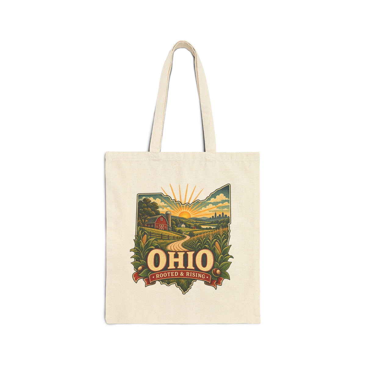 Ohio sunrise landscape Tote Bag | state map, vintage farm scene