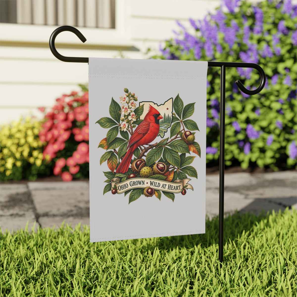Ohio Grown Cardinal Garden Flag | House Banner, Floral Nest Design