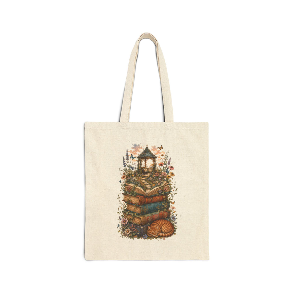 Whimsical Book Stack with Lantern Tote Bag | Autumn Floral Reader Tote