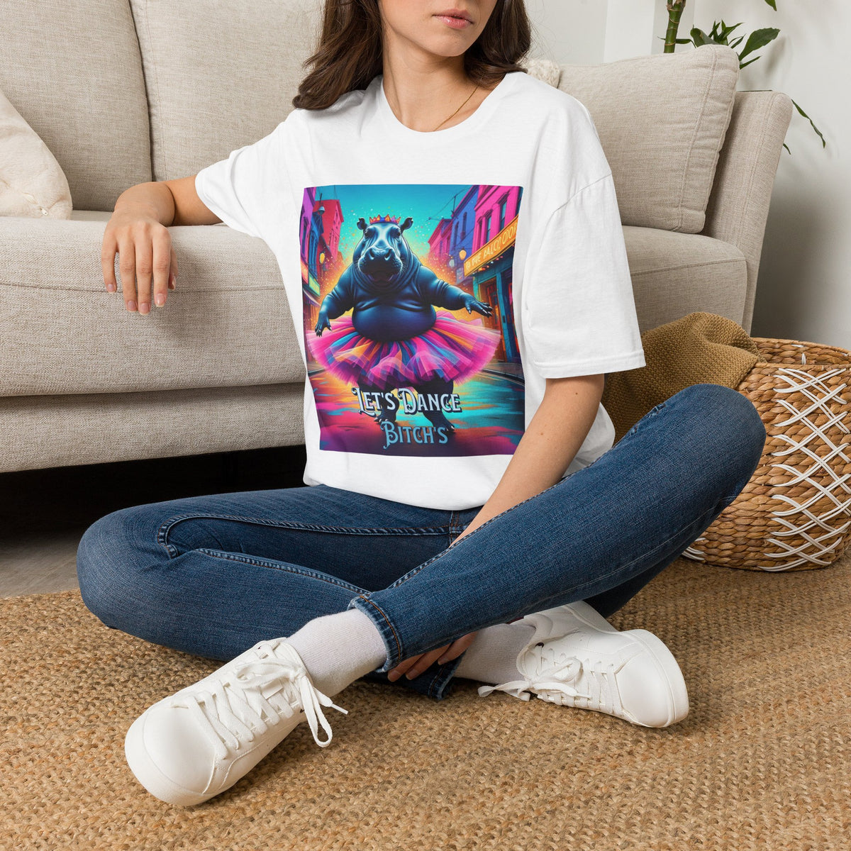 Dancing Hippo Street Scene T-Shirt | Neon Retro Graphic