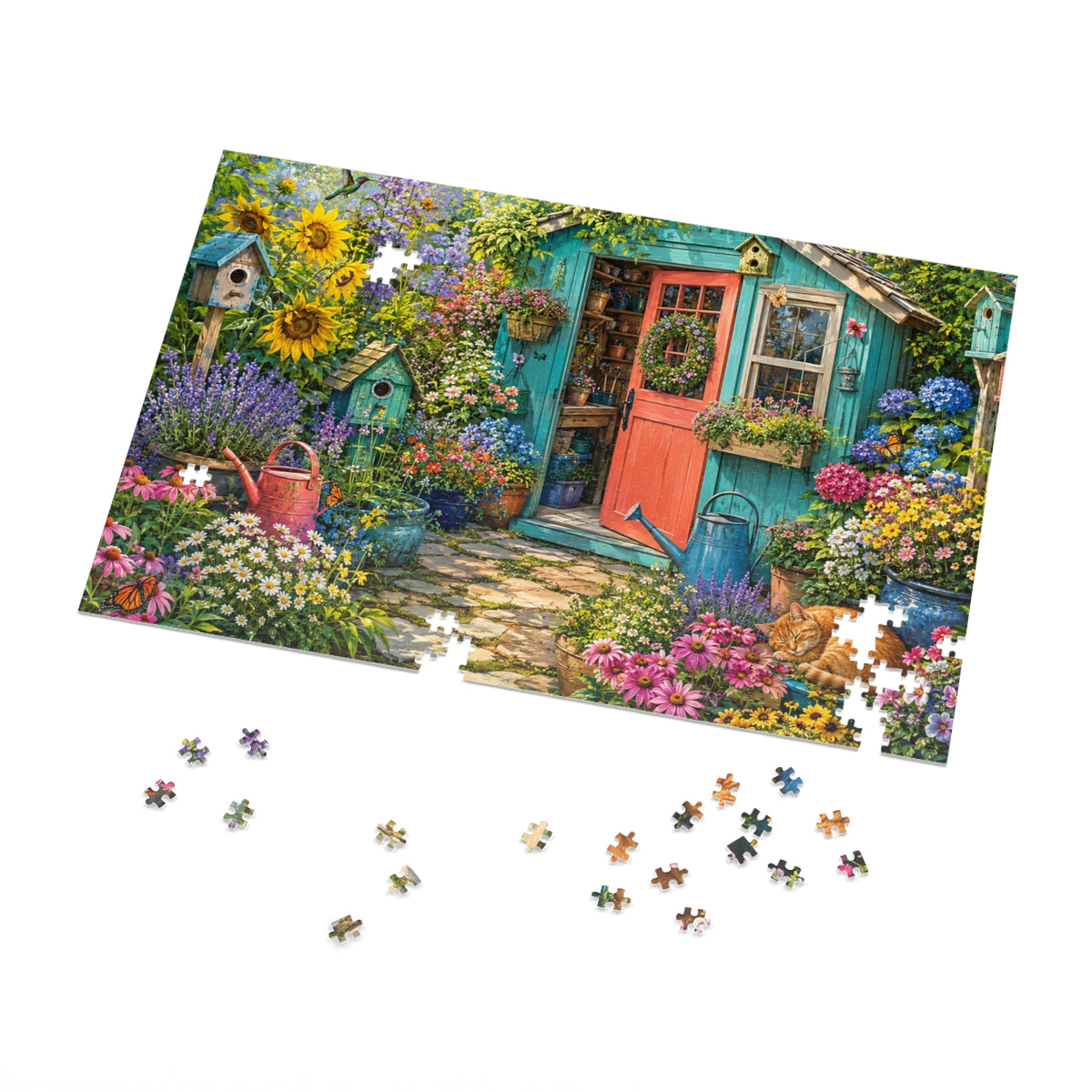 Cottage Garden Scene Jigsaw Puzzle with Tin | Floral Shed, Cat, Birdhouses