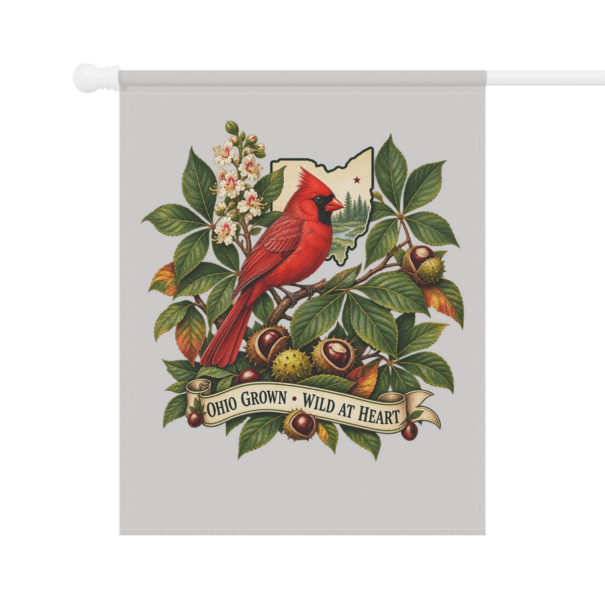 Ohio Grown Cardinal Garden Flag | House Banner, Floral Nest Design