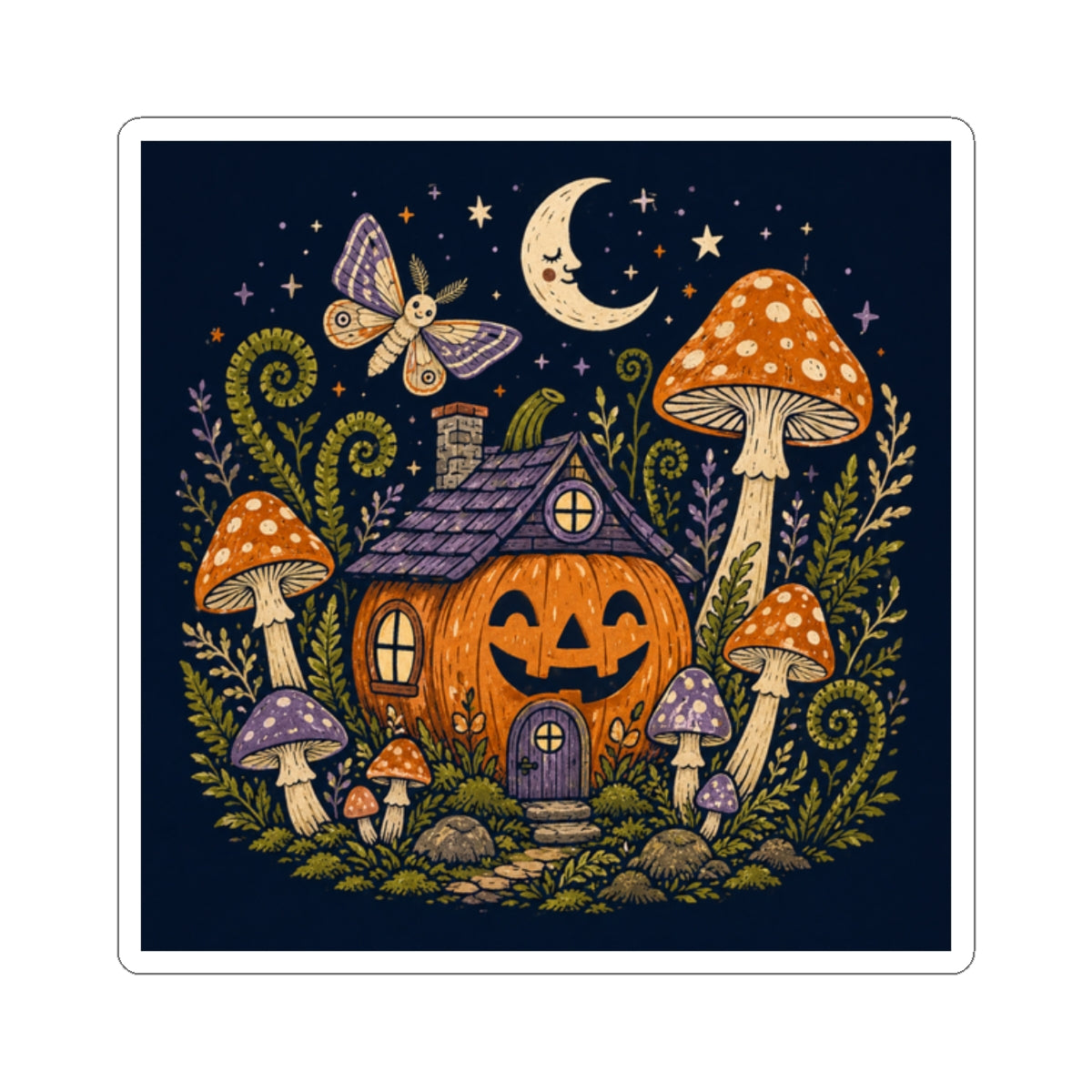 Jack-O'-Lantern Mushroom Cottage Sticker | Halloween Pumpkin Sticker