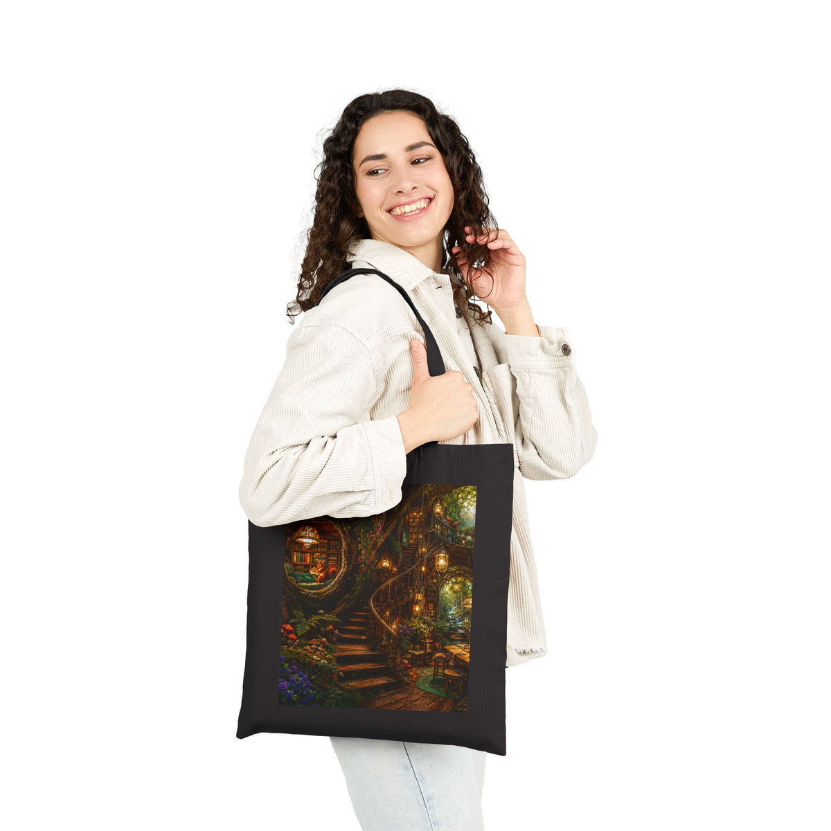 Cozy Fantasy Cottage Illustration Tote | Magical Woodland Cabin Art