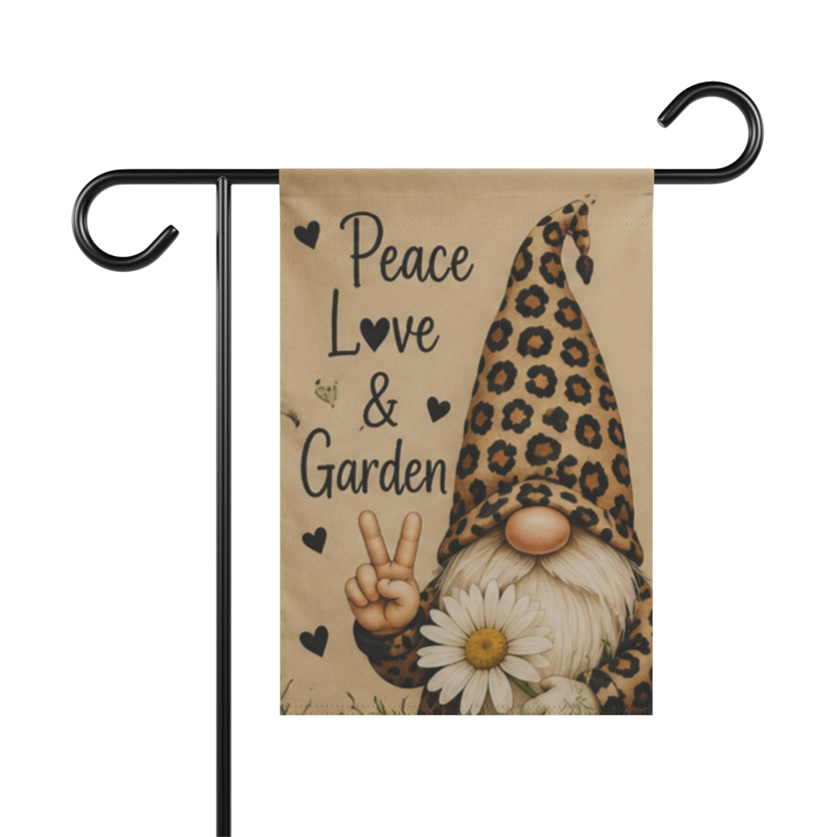 Peace, Love & Garden Gnome Garden Flag — Leopard Print Gnome Decorative Yard Banner