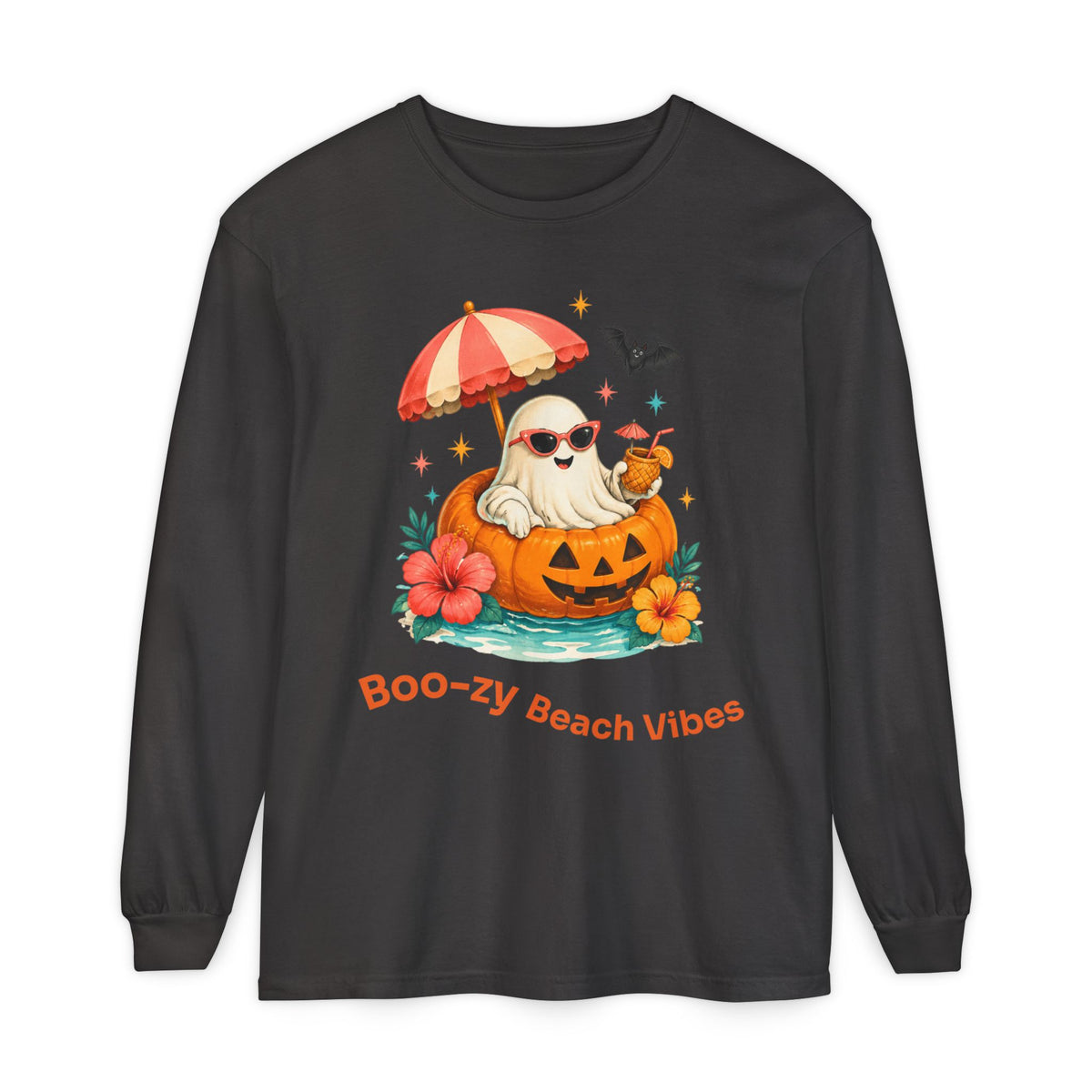 Boo-zy Beach Vibes Ghost Long Sleeve T-Shirt | Halloween Pumpkin Beach