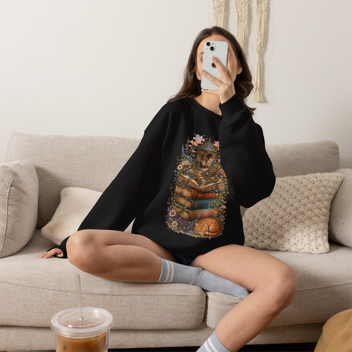 Book Lover Garden Sweatshirt – Cozy Cat, Books and Wildflowers Crewneck