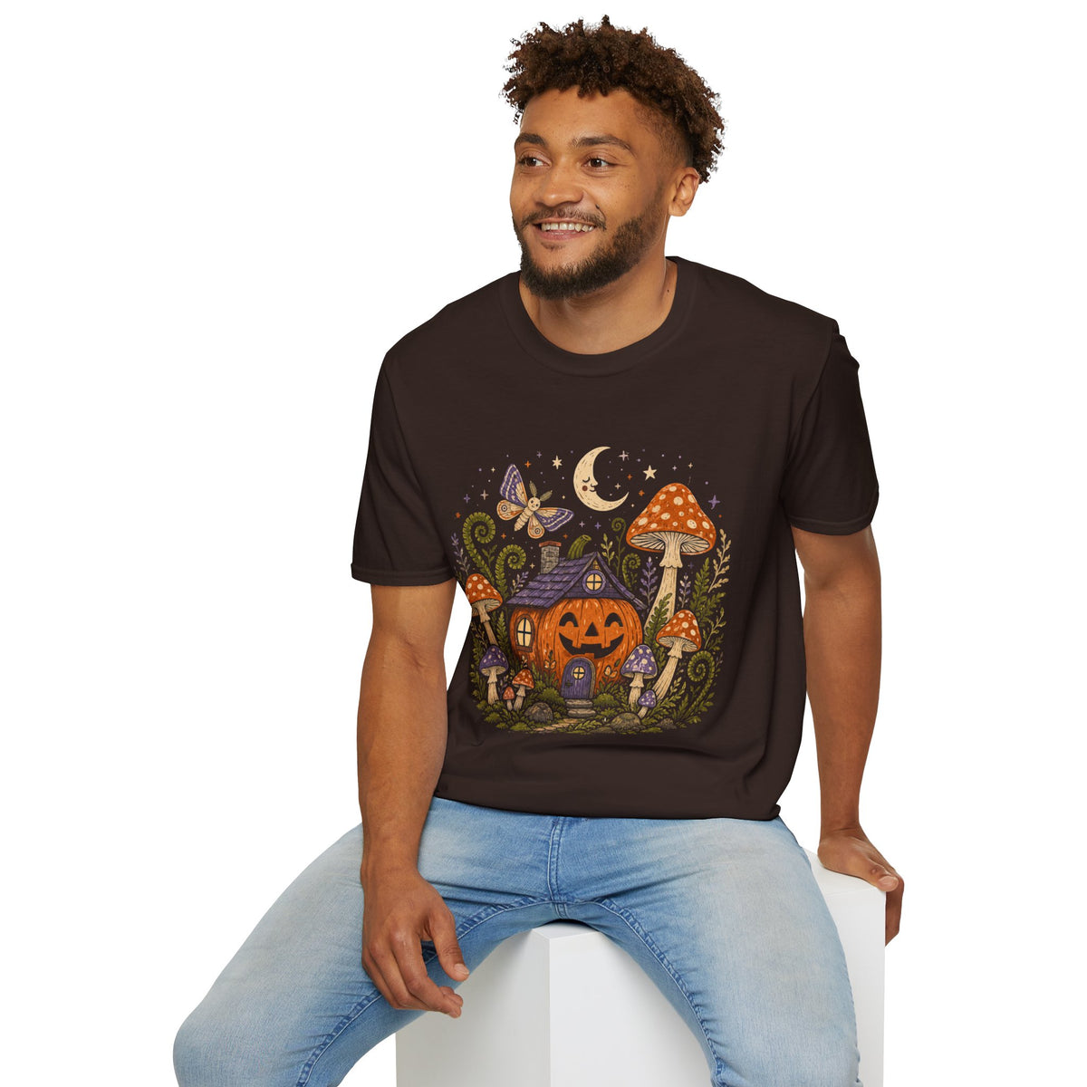 Whimsical Mushroom Cottage Halloween T-Shirt | Moonlit Moth Illustration