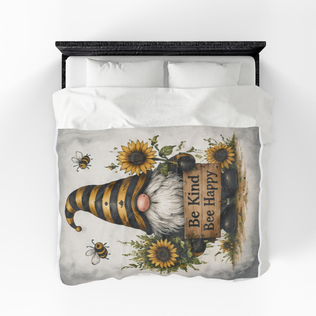 Be Kind Bee Happy Gnome Velveteen Blanket | Sunflower Bee Plush Throw