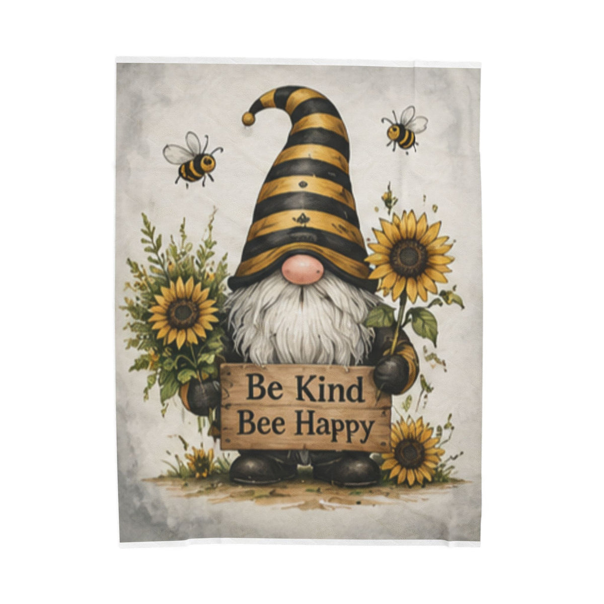 Be Kind Bee Happy Gnome Velveteen Blanket | Sunflower Bee Plush Throw
