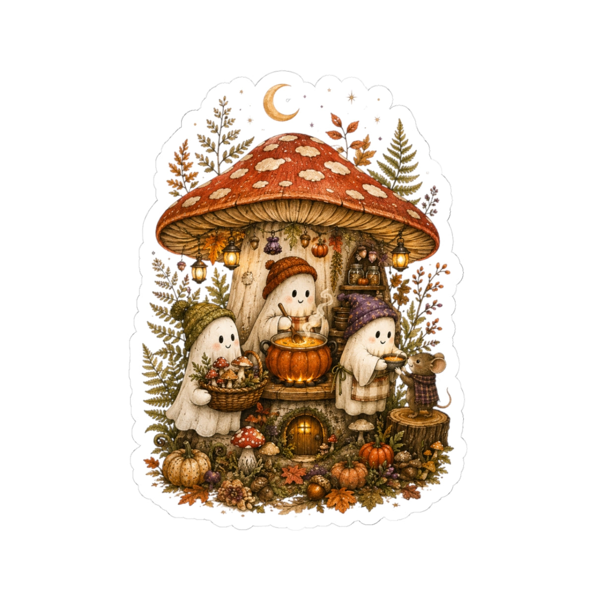 Autumn Mushroom House Sticker | Halloween Ghosts Pumpkin Fall Kiss-Cut Sticker