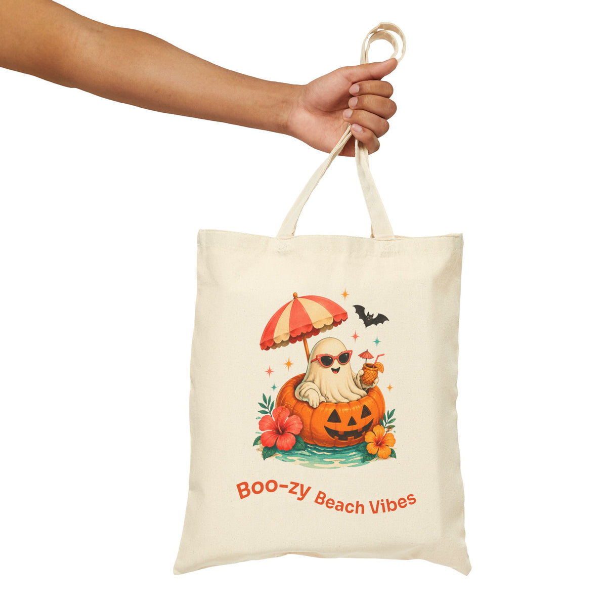 Beach Pumpkin Halloween Tote | Boo-zy Beach Vibes Cotton Canvas Tote