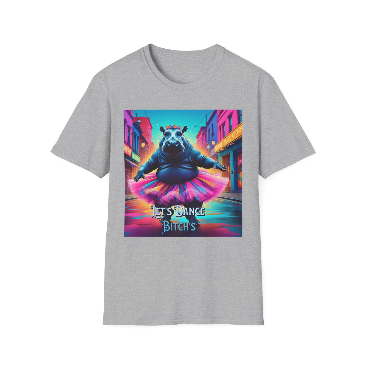 Dancing Hippo Street Scene T-Shirt | Neon Retro Graphic