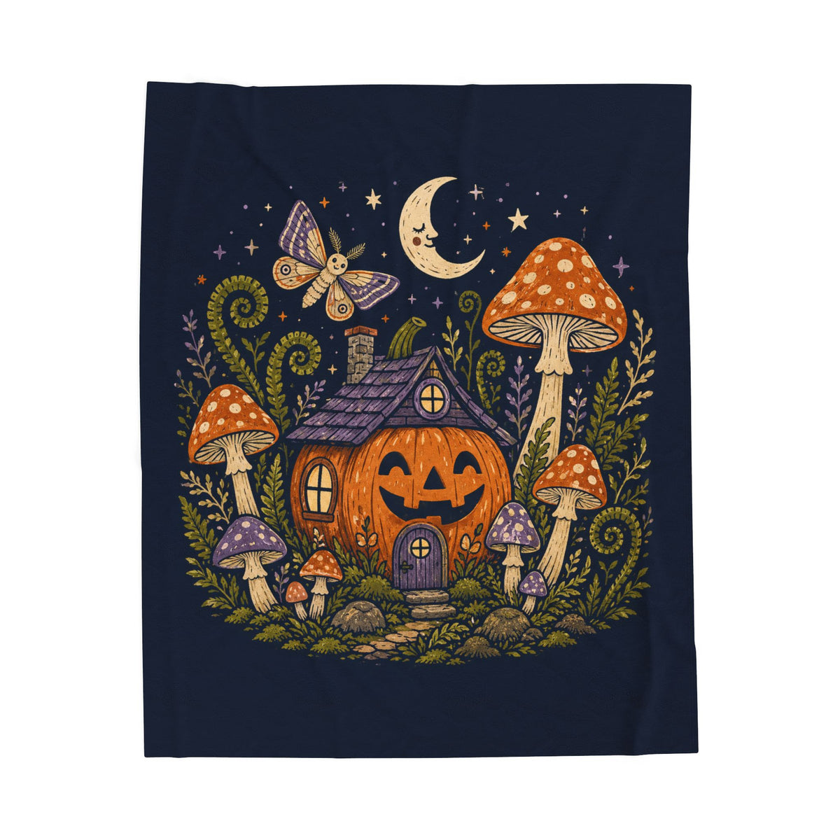 Jack-o'-Lantern Mushroom Cottage Blanket | Halloween Pumpkin Moon Illustration