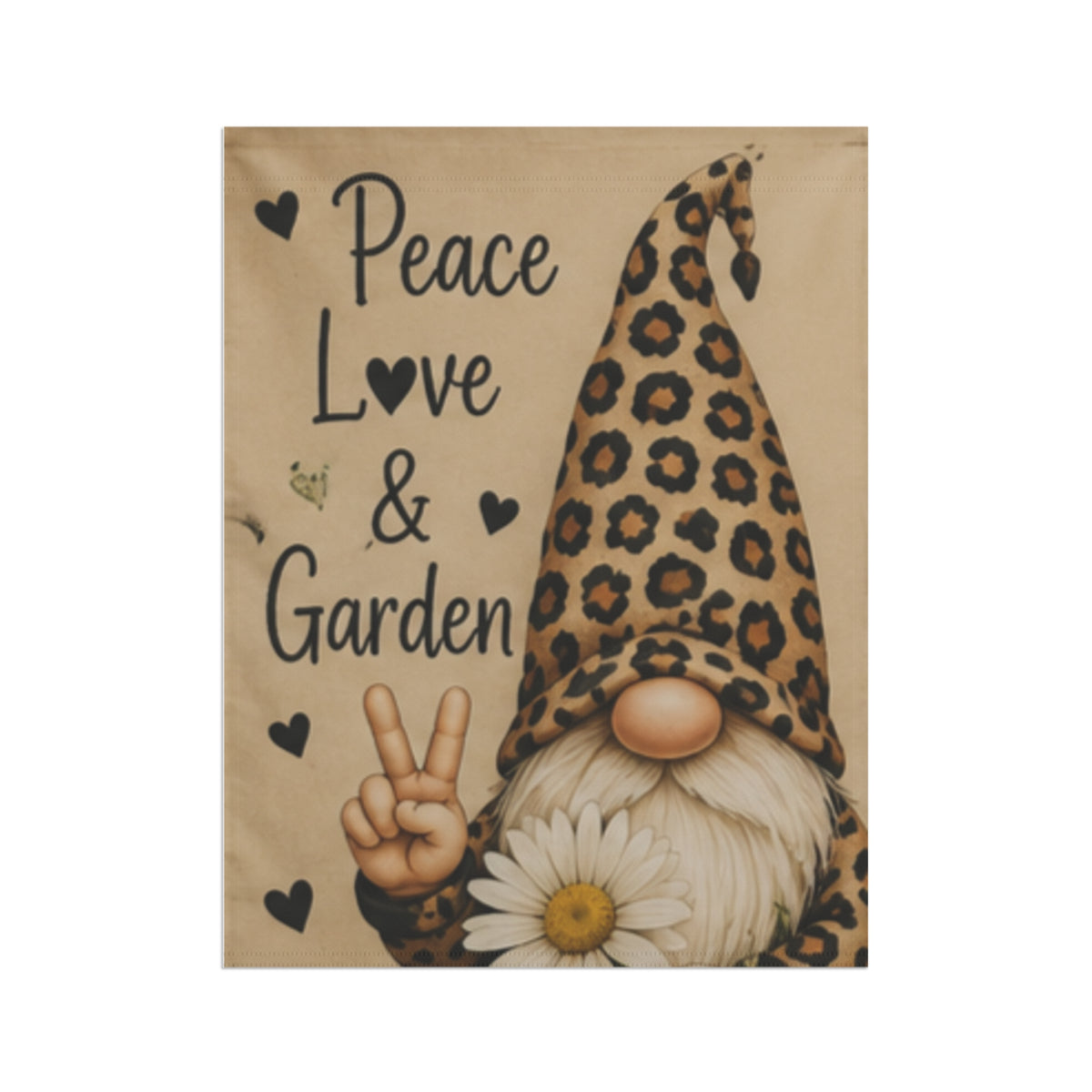Peace, Love & Garden Gnome Garden Flag — Leopard Print Gnome Decorative Yard Banner