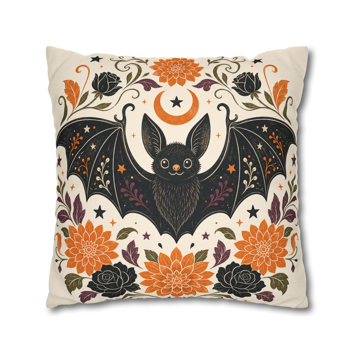 Halloween Bat Decorative Pillow Cover — Floral Moon Square Throw Pillowcase