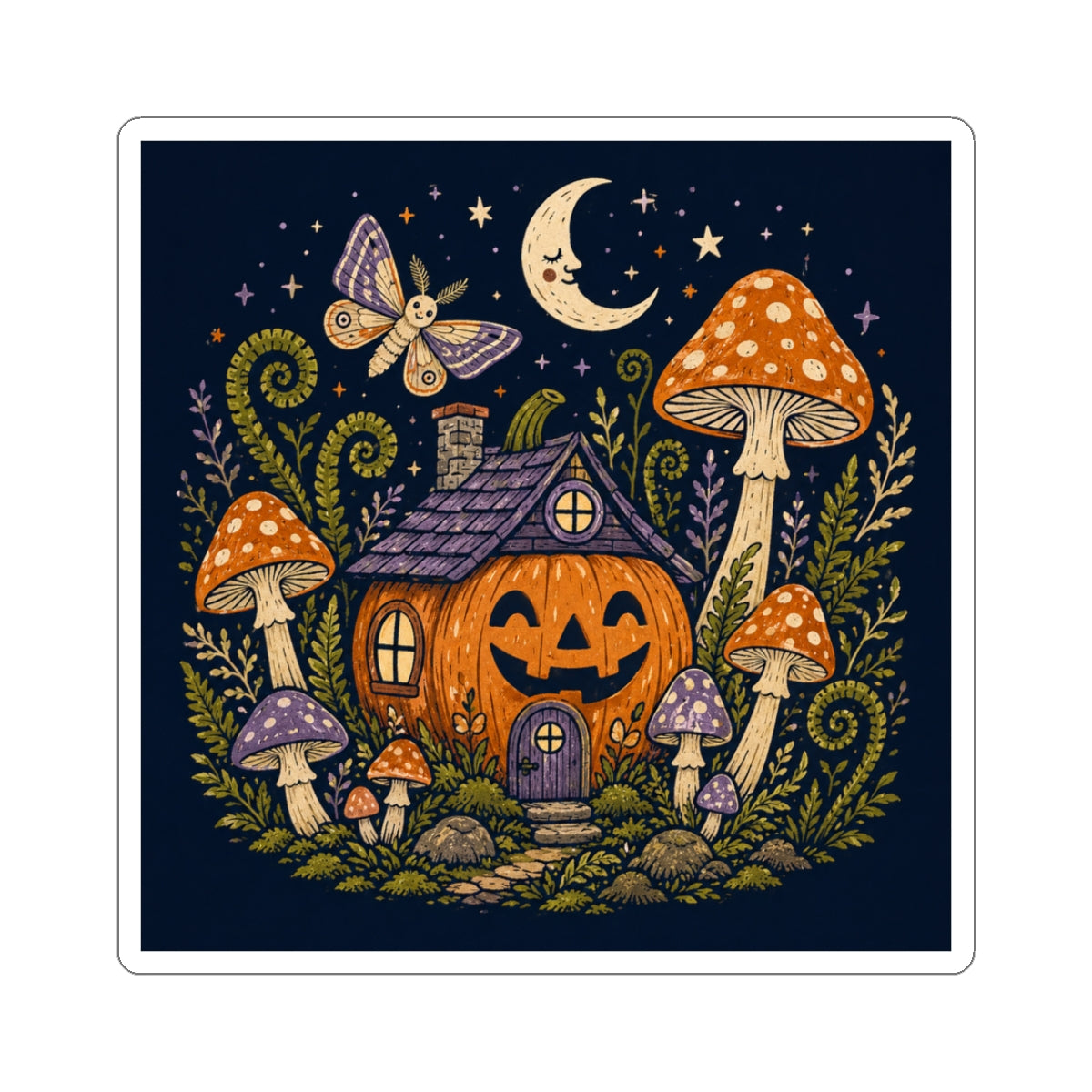 Jack-O'-Lantern Mushroom Cottage Sticker | Halloween Pumpkin Sticker
