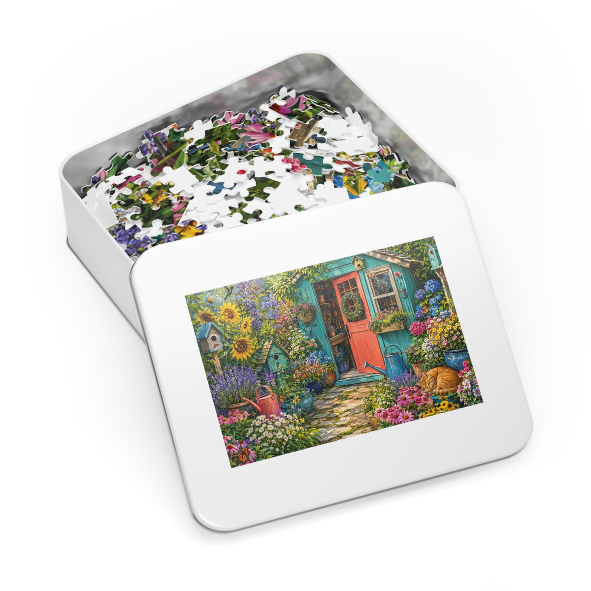 Cottage Garden Scene Jigsaw Puzzle with Tin | Floral Shed, Cat, Birdhouses